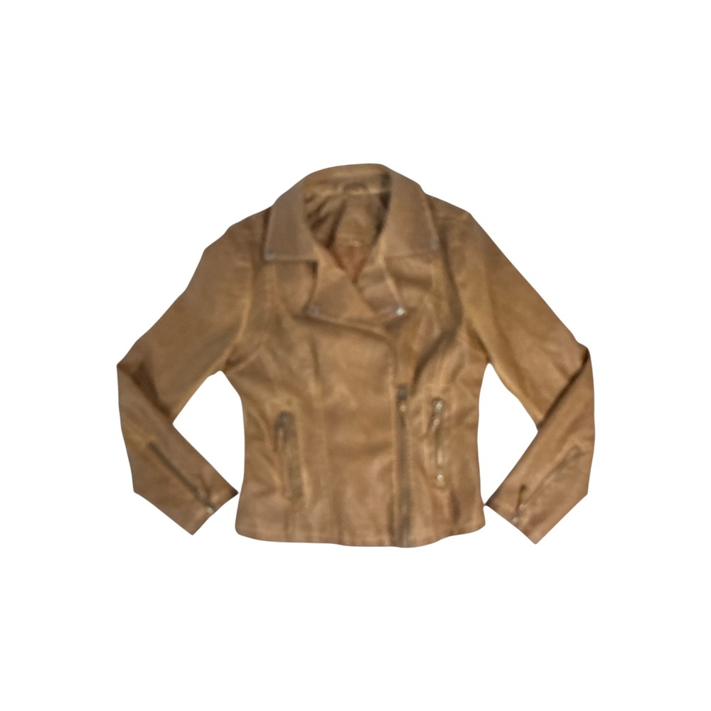 Max Studio Moto Jacket Womens M Cognac Excellent Vegan Leather Distressed Y2K - Picture 2 of 8